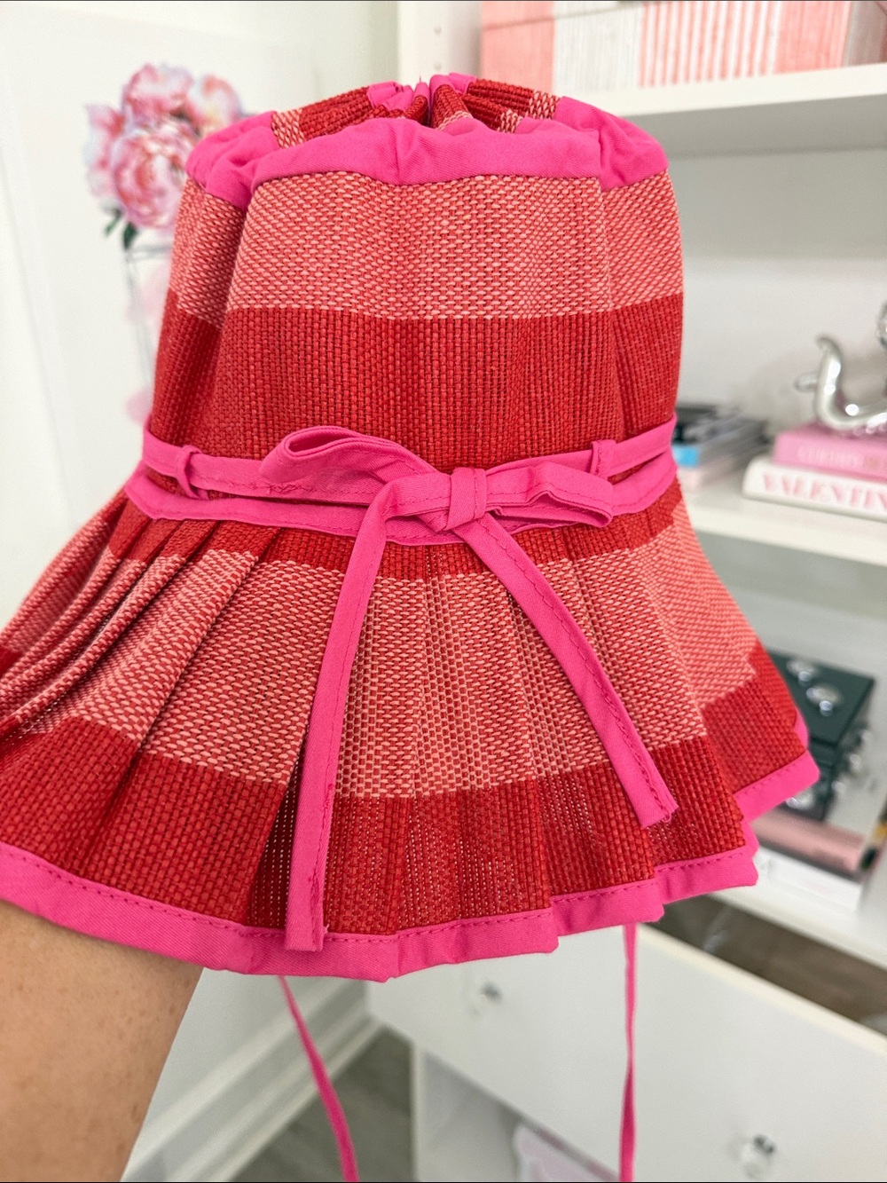 Striped Red and Hot Pink Pleated Sun Hat with Tie Band